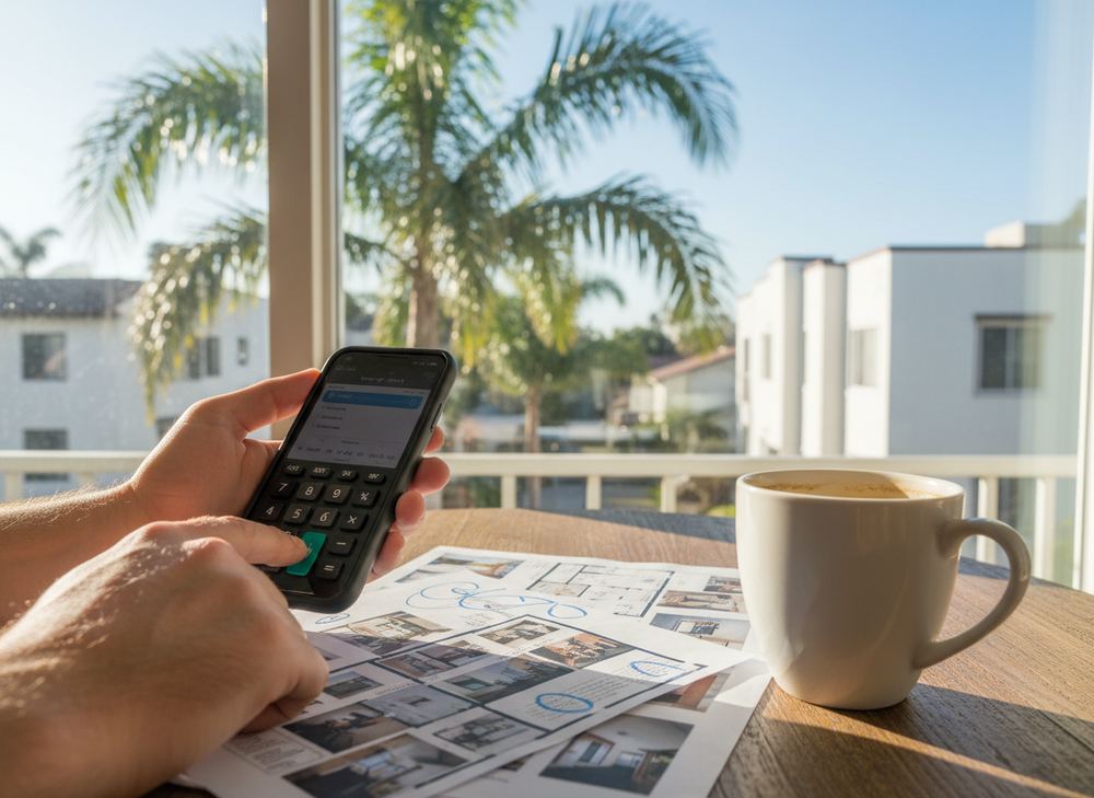 Persona haciendo cuentas en su teléfono con anuncios de casas en la mesa